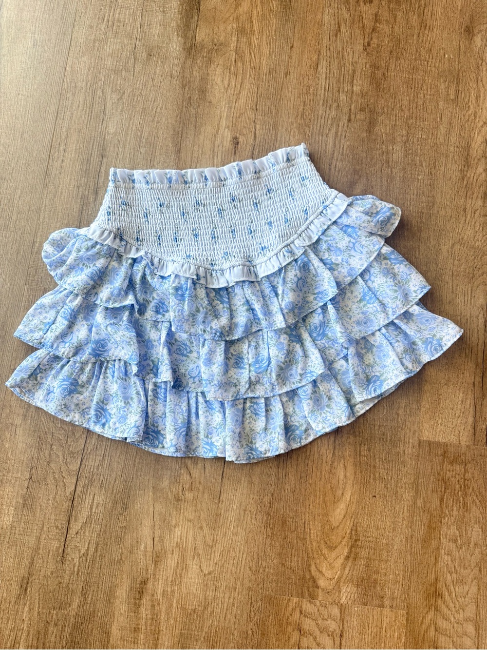 Altar’d State Smocked Waist Blue Floral Ruffle Mini Skirt